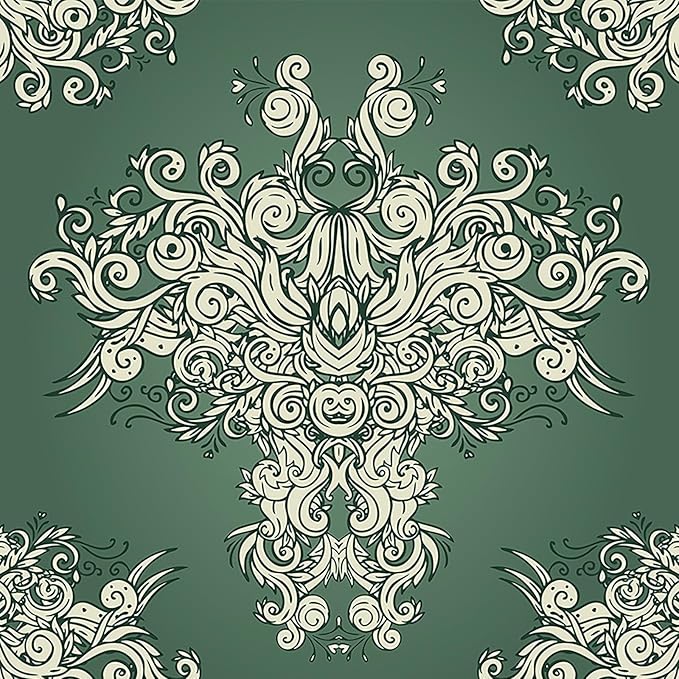 FunStick 17.5"x354" Vintage Dark Green Damask Peel and Stick Wallpaper Victorian Beige Floral Self Adhesive Wallpaper for Bedroom Living Room Walls Decorative Green Contact Paper for Cabinets Drawers