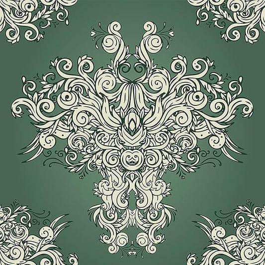 FunStick 17.5"x354" Vintage Dark Green Damask Peel and Stick Wallpaper Victorian Beige Floral Self Adhesive Wallpaper for Bedroom Living Room Walls Decorative Green Contact Paper for Cabinets Drawers