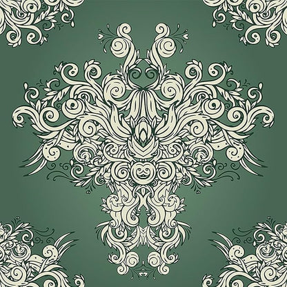 FunStick Damask Wallpaper Peel and Stick Vintage Green Victorian Wallpaper Removable Antique Dark Floral Wall Paper for Bathroom Waterproof Beige Damask Contact Paper for Walls Cabinets 17.5"x118"