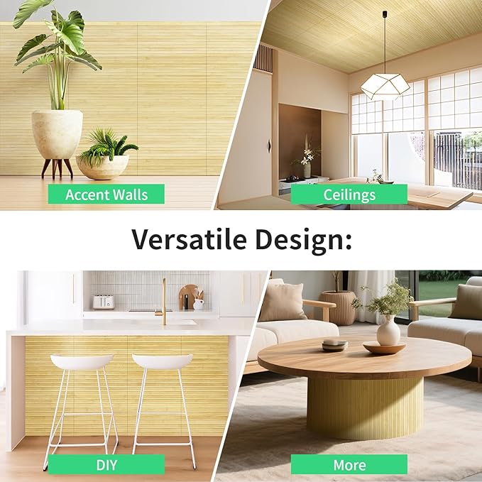 Natural Bamboo Wall Panel for Interior Wall Decor, Renewable Pole Wrap Wainscoting Paneling for Wall Ceiling Furniture Cabinet Office, 12 x 96 Inch, Raw