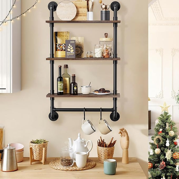Merapi 24" Industrial Floating Shelves with Tower Bar, Pipe Shelves for Wall, 3 Tier Rustic Wood Wall Shelves for Home Décor, Bedroom, Living Room, Bathroom