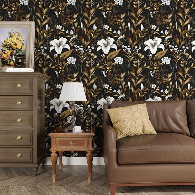 Black Gold Wallpaper Peel and Stick, Dark White Floral Vintage Contact Paper 17.5