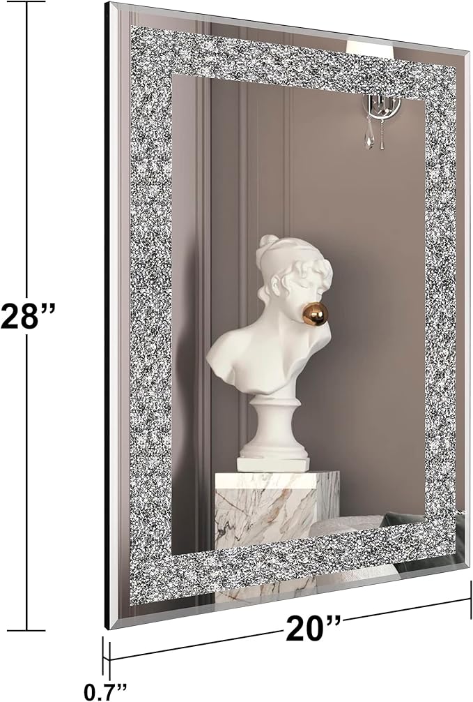 Ruomeng Wall Mirror Rectangular Crystal Crush Diamond Mirror for Home Decoration Accent Mirror for Bathroom, Entryway and Bedroom, 20" x 28"