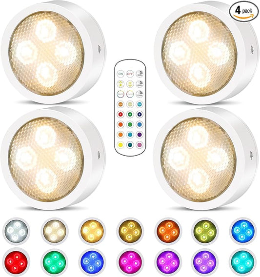 Puck Lights with Remote Control, Battery Operated Wireless Under Cabinet Lighting, RGBCW Stick On Tap Lights for Kitchen, Shelf, 4 Pack - White