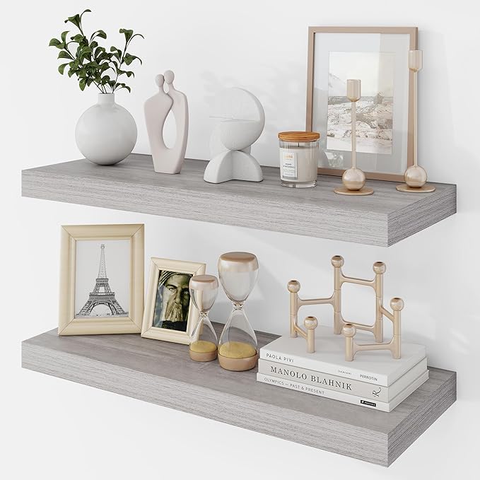 24 Inch Floating Shelves, 9.3" Deep Floating Shelf Wall Mounted, 24" Wall Shelves, Rustic Deep Bookshelf, Large Display Shelves & Storage Shelves for Bedroom, Living Room, Gray, Set of 2