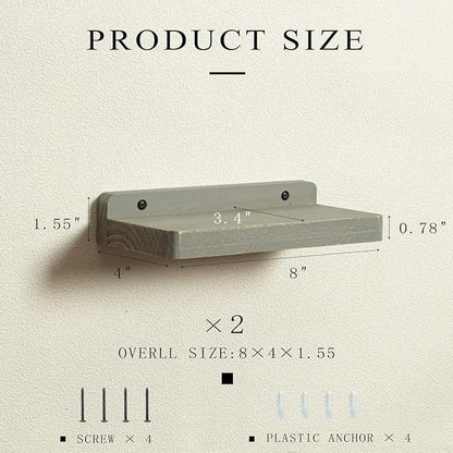 Freezing point Small Floating Shelf for Wall Set of 2 Natural Wood 8Inch Mini Wall Shelves Decor Plant Display Collectibles Mounted Kitchen Bathroom Bedroom Corner Decorative Storage Tiny Stand Grey