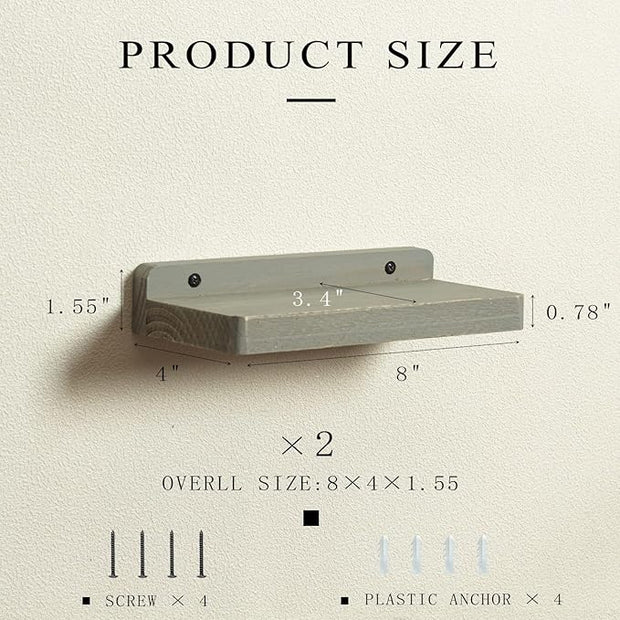 Freezing point Small Floating Shelf for Wall Set of 2 Natural Wood 8Inch Mini Wall Shelves Decor Plant Display Collectibles Mounted Kitchen Bathroom Bedroom Corner Decorative Storage Tiny Stand Grey
