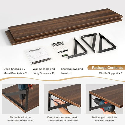 Deep Floating Shelves Wall Mounted, 55"x12" Walnut Wall Shelves with Brackets Set of 2 for Bedroom, Living Room, Bathroom, Kitchen, Office - Storage & Display Shelf for Decor, Books, Plants