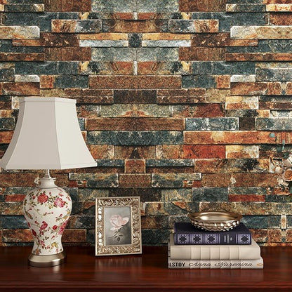 FunStick 15.8"x240" Retro Brick Peel and Stick Wallpaper Textured 3D Brown Red Blue Brick Contact Paper Peel and Stick Self Adhesive Wallpaper for Bathroom Kitchen Wall Panel Decor Cabinets Waterproof