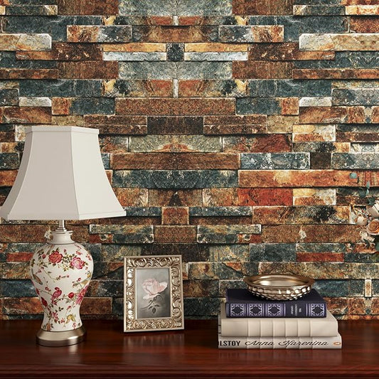 FunStick 15.8"x240" Retro Brick Peel and Stick Wallpaper Textured 3D Brown Red Blue Brick Contact Paper Peel and Stick Self Adhesive Wallpaper for Bathroom Kitchen Wall Panel Decor Cabinets Waterproof