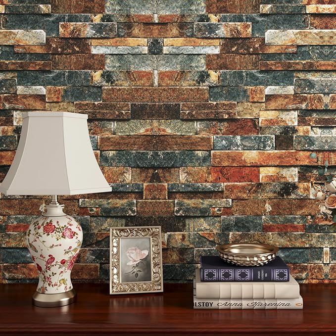 FunStick Vintage Faux Brick Wallpaper Peel and Stick 3D Textured Squares Brown Red Blue Brick Wall Paper Roll for Kitchen Bedroom Waterproof Brick Contact Paper for Walls Fireplace Removable 15.8"x80"