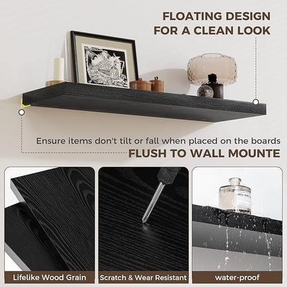 Fun Memories Small Floating Shelves for Wall - 8 Inch Square Wall Shelves with Invisible Brackets, Black Shelves for Bathroom, Living Room, Bedroom, and Kitchen Decor, Set of 3