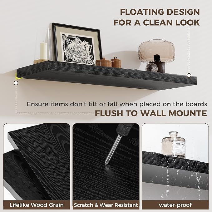 Fun Memories Small Floating Shelves for Wall - 8 Inch Square Wall Shelves with Invisible Brackets, Black Shelves for Bathroom, Living Room, Bedroom, and Kitchen Decor, Set of 3