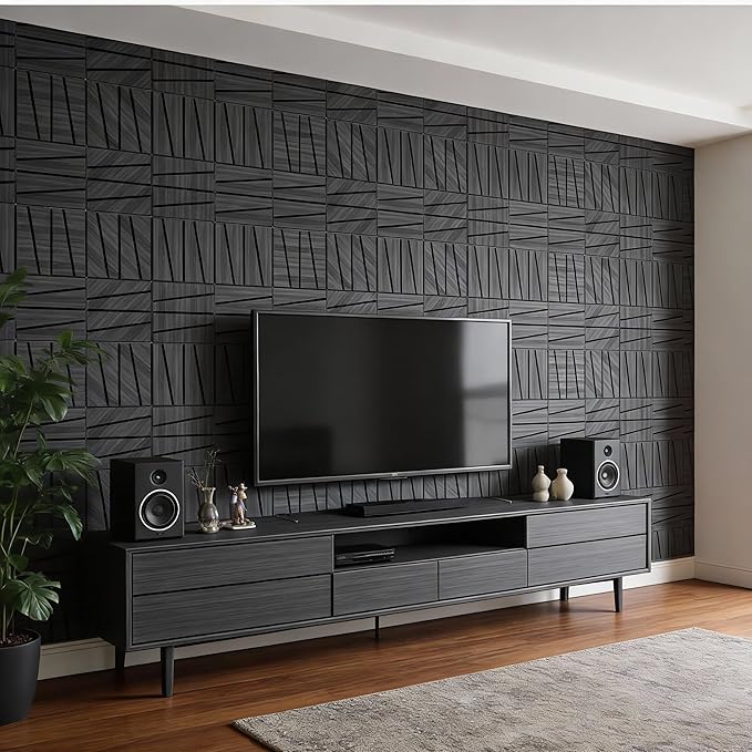 WoveN SounD Artisan Acoustic Wall Panels, 16 Pack 12x12 Inch, Wood Veneer Carved Sound Proof Wall Decor, Self-Adhesive for Home, Studio, Office & Focus Zones, Cut Prism, Black Oak