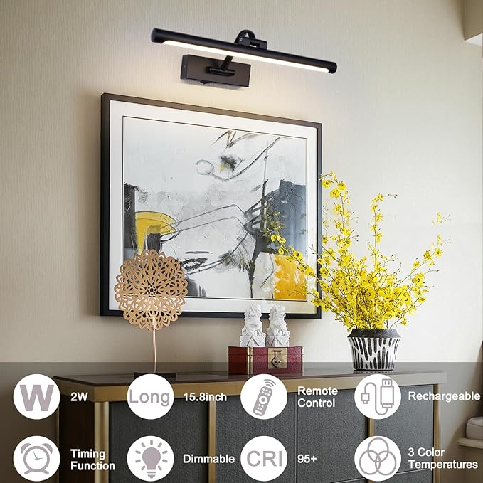 Black Picture Lights Battery Operated 16” Frame Light Rechargeable Gallery Lighting Remote Wireless Art Light for Painting Dimmable Display Lights with Timer Wall Sconce for Portrait Dartboard