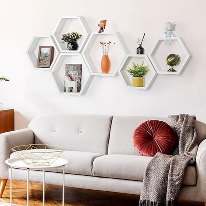 Hexagon Floating Shelves Set of 6 Wood Honeycomb Shelves Wall Mounted Farmhouse Storage Honeycomb Wall Shelf Hexagonal Decor Shelf with Hanging Hardware for Bedroom Living Room Kitchen, White MDF