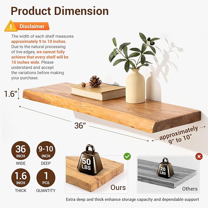 fuqing Live Edge Floating Shelves for Wall 36 Inch - 9 Inch Deep Solid Elm Wood Floating Wall Shelves - Rustic Natural Wooden Shelves with Upgraded Heavy Duty Brackets and Anchors