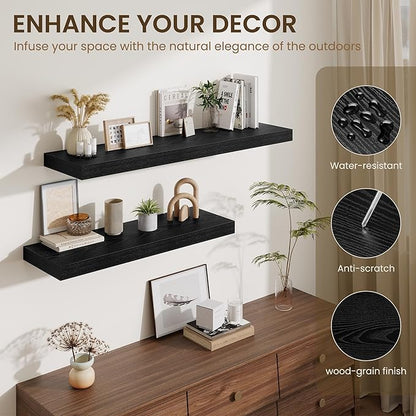 Fun Memories 48 Inch Floating Shelves for Wall - 12 Inch Deep Fireplace Mantel Shelf - Wood Floating Shelf for Wall - Large Storage Shelves Wall Mount for Living Room & Bedroom - Black - Set of 2