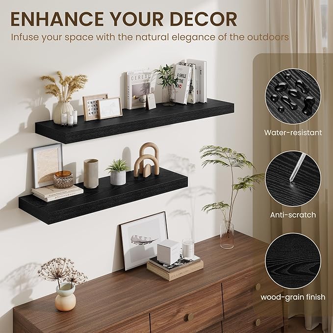 Fun Memories 24 Inch Floating Shelves Wall-Mounted, 12 Inch Deep Wall Shelves, 24 x 12 Floating Shelf, Deep Storage Shelf for Living Room Bathroom Bedroom, Black, Set of 2