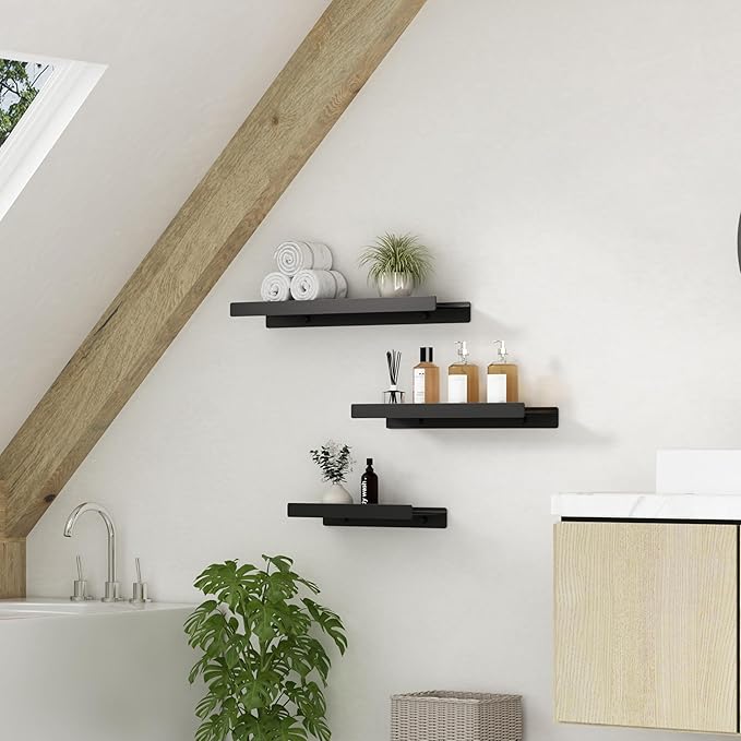 Floating Shelves for Wall, Wall Mounted Shelves with Lip for Storage, Metal Display Shelves for Home Decor, Kitchen/Living Room/Bedroom/Bathroom Shelf, Black 20 inch 2 Pack