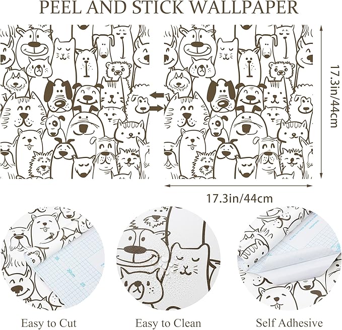 393"x17.3" Peel and Stick Wallpaper Modern Brown and White Wallpaper Dog Animal Contact Paper Textured Self Adhesive Removable Wall Paper for Nursery Kids Room Shelf Liner Vinyl Roll