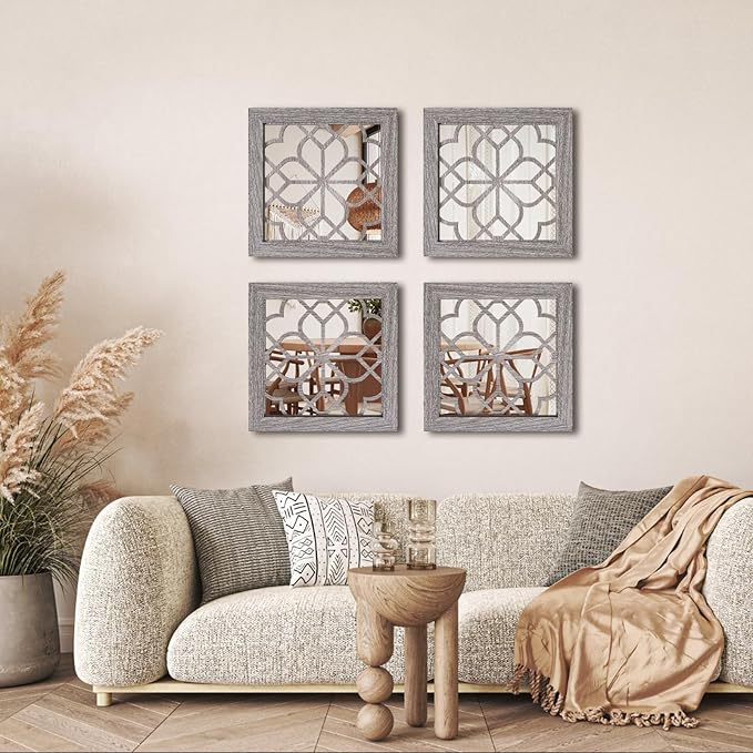 Boho Wall Mirror Decor, Set of 2 Rustic Farmhouse Accent Mirror 12x12 Inch, Square Shatterproof Vintage Style Mirrors for Wall, Small Decorative Mirrors for Living Room, Bedroom(Brown)