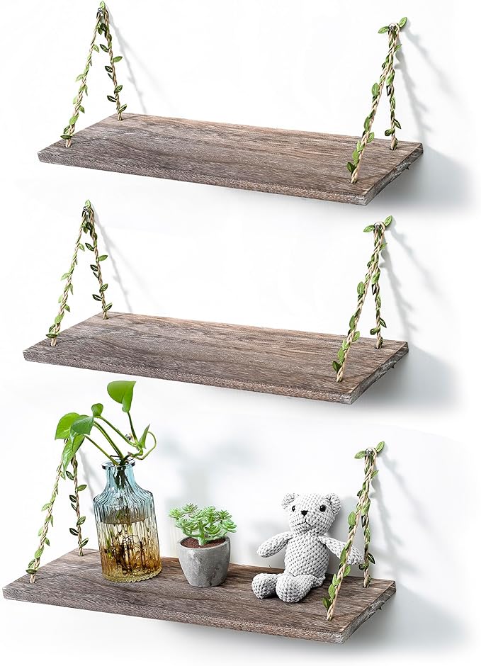 MITIME Leaf Rope Hanging Floating Shelves, Wall Swing Storage Shelf for Home Decor.17, 3-Pack (Retro Color)
