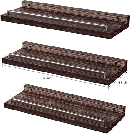 Floating Shelves, Bathroom Decor Shelves Over Toilet, Farmhouse Wall Shelves for Living Room, Bedroom, Picture Frames, Plants, Kitchen, Set of 3 (Walnut Brown)