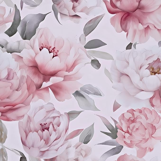 Floral Wallpaper Peel and Stick, Large White & Pink Flowers Contact Paper 17.5" x 393.7", Modern Peony Wall Mural Self Adhesive Removable Waterproof for Room Walls Shelves Cabinet Drawer Table Decor