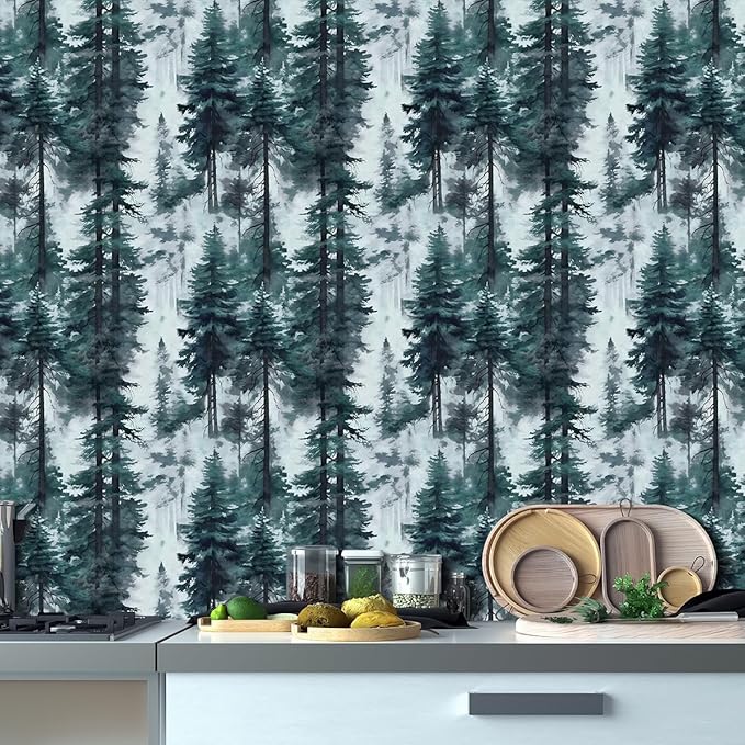 HAOKHOME Forest Peel and Stick Wallpaper Misty Blue Removable Vinyl Mural for Bathroom Bedroom Accent Wall Self Adhesive Contact Paper Tree Wall Decor 17.3in x 118in