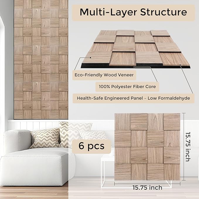 Checkerboard Acoustic Wall Panels – 6 Pack Walnut 3D Sound Absorbing Wall Panels 15.7” x 15.7” for Home & Apartment Interior Design, Checker Pattern Soundproof Decor Panels