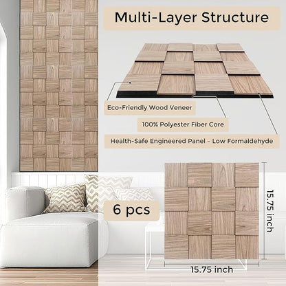 Checkerboard Acoustic Wall Panels – 6 Pack Walnut 3D Sound Absorbing Wall Panels 15.7” x 15.7” for Home & Apartment Interior Design, Checker Pattern Soundproof Decor Panels