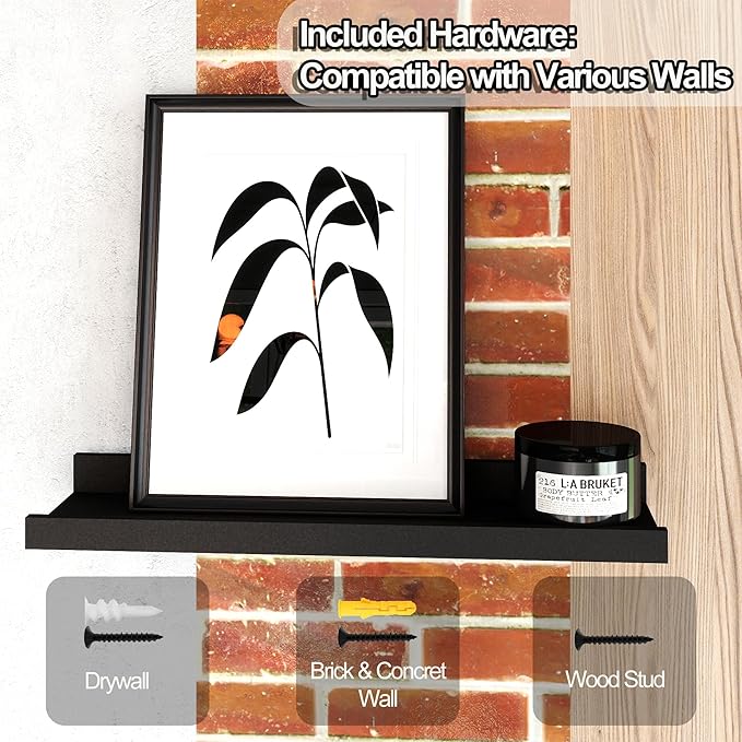 Black Floating Shelves for Wall Decor, Wall Mounted Wood Storage Shelf for Bedroom, Living Room, Bathroom, Kitchen, Nursery, Display Picture Ledge Shelf with Lip Set of 2-14 Inches, Black