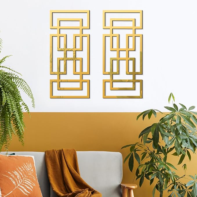 2 Piece Gold Rectangular Wall Mirrors, 15.7×7 Inch Geometric Wooden Frame Acrylic Wall-Mounted Modern Mirror Decor for Bathroom Bedroom Living Room Office Farmhouse Home Decorations