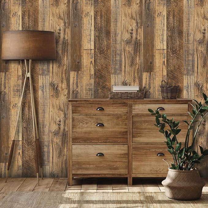 Decoroom 17.71''×511'' Peel and Stick Wallpaper Distressed Wood Plank Wallpaper Rustic Wood Grain Pattern Wall Paper Removable Self Adhesive Brown Shiplap Vinyl Film