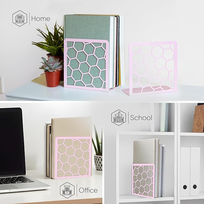 GEOMOD Geometric Honeycomb Pink Metal Bookends Decorative - Tall Sturdy Book Ends for Shelves - Modern Heavy Duty Bookend Stopper - Office or Home Book Shelf Book Holder - 6x3.25x6.25 Inches - 1 Pair