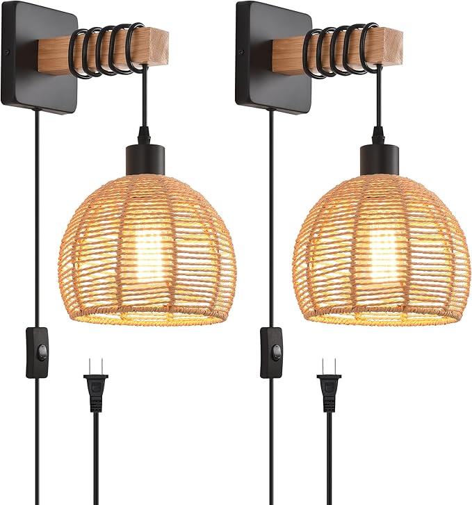 Rustic Wall Sconces Fixtures with Plug in Cord, Set of Two Indoor Vintage Rattan Wall Light Industrial Lamp Fixture Farmhouse Metal Sconces Light for Bedroom Bedside Living Room