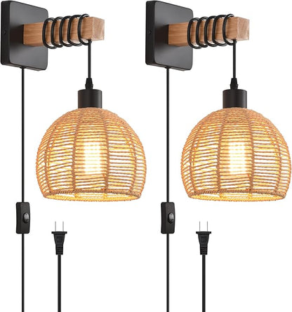 Rustic Wall Sconces Fixtures with Plug in Cord, Set of Two Indoor Vintage Rattan Wall Light Industrial Lamp Fixture Farmhouse Metal Sconces Light for Bedroom Bedside Living Room