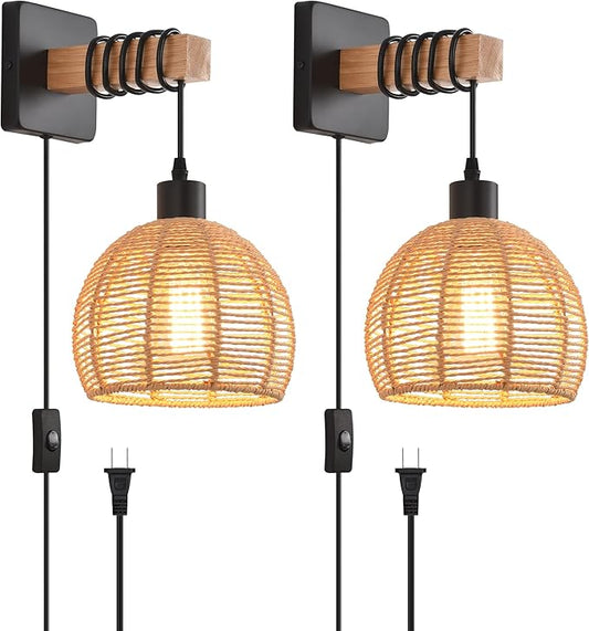 Rustic Wall Sconces Fixtures with Plug in Cord, Set of Two Indoor Vintage Rattan Wall Light Industrial Lamp Fixture Farmhouse Metal Sconces Light for Bedroom Bedside Living Room