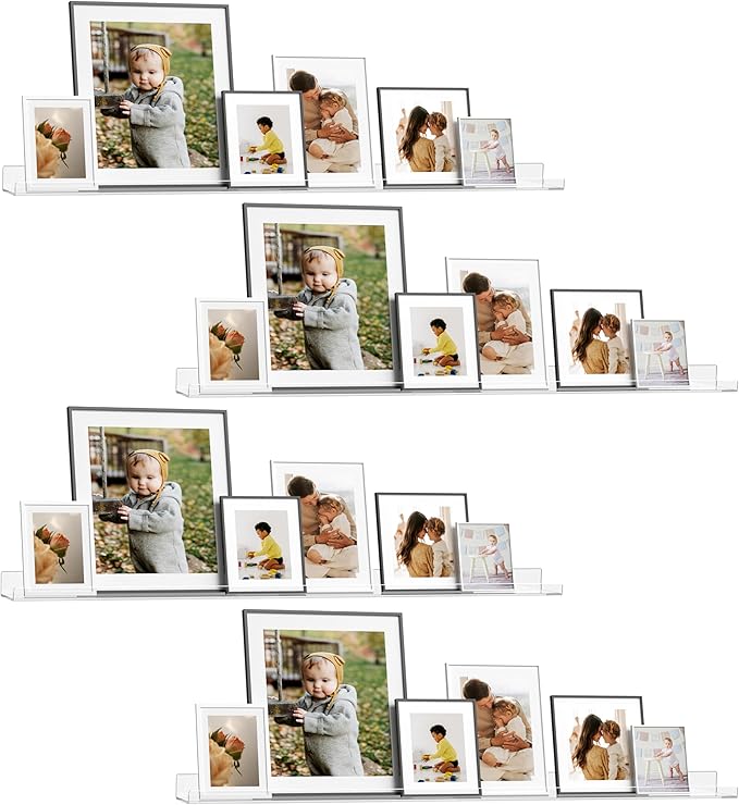 48 Inches Clear Acrylic Floating Shelves Wall, Bookshelf for Kids, Nursery Book Shelves, Magazine Rack, Picture Ledge Shelf for Photo Frames Vinyl Records, Pack of 4