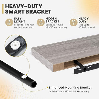 55 Inch Floating Shelves, 9.3" Deep Floating Shelf Wall Mounted, 56" Wall Shelves, Rustic Deep Bookshelf, Large Display Shelves & Storage Shelves for Bedroom, Living Room, Grey, Set of 2