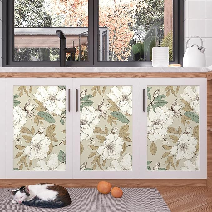 Floral Wallpaper Peel and Stick, Beige/White Flowers Contact Paper 17.5" x 393.7", Vintage Botanical Boho Wall Paper Waterproof Self Adhesive Removable for Room Shelves Cabinet Drawer Table Decor