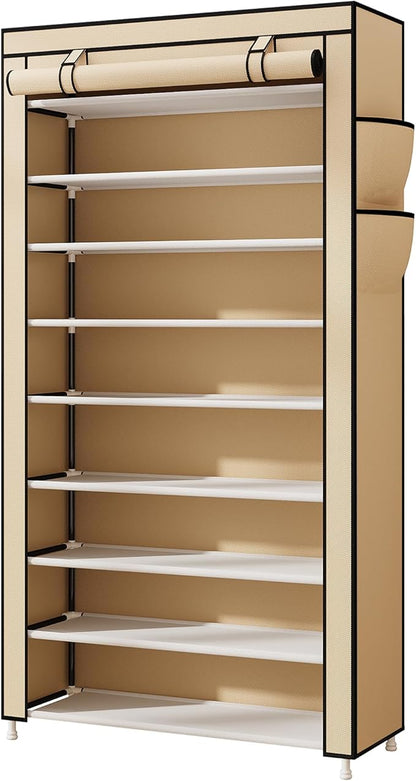 Laiensia 9-Tier Shoe Rack ，Space Saving Shoe Storage Organizer Non-Woven Cover Shoe Shelf Holds 36-45 Pairs for Bedroom, Hallway, Entryway, Beige