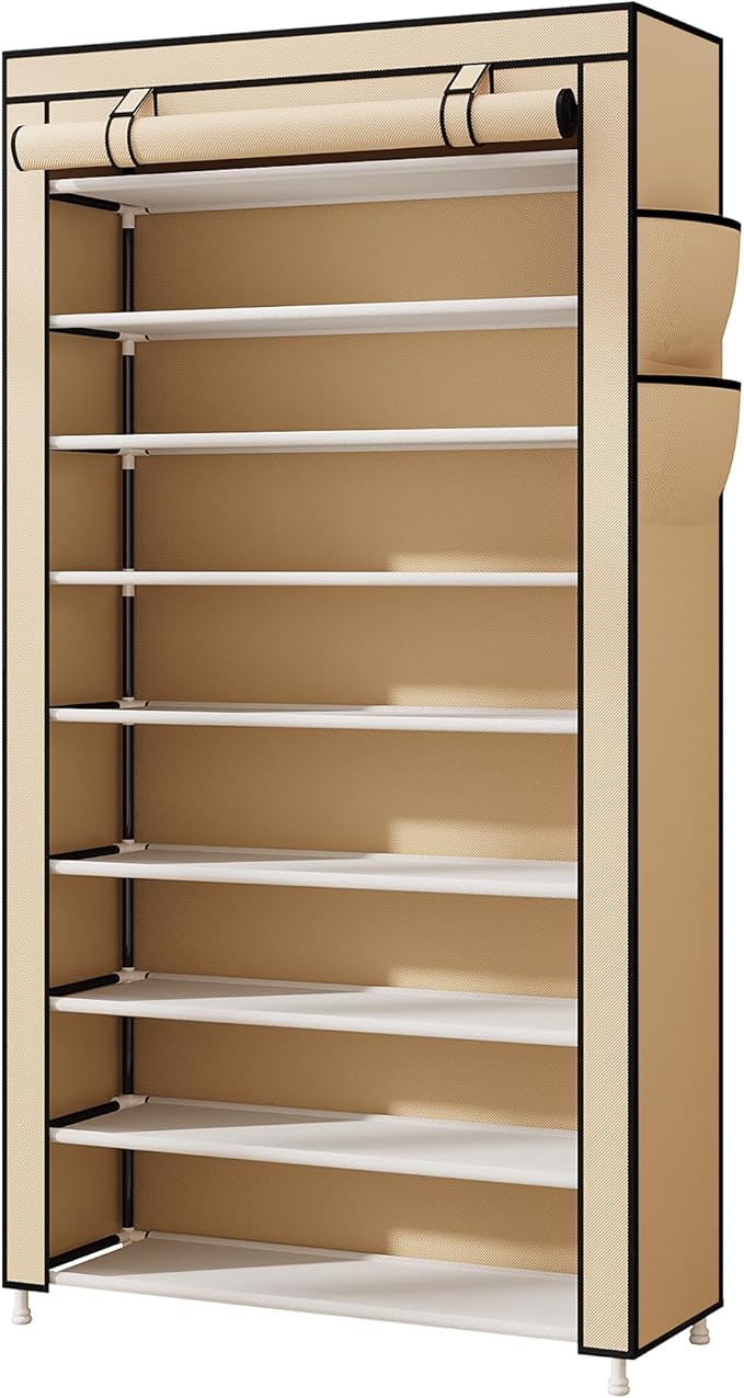 Laiensia 9-Tier Shoe Rack ，Space Saving Shoe Storage Organizer Non-Woven Cover Shoe Shelf Holds 36-45 Pairs for Bedroom, Hallway, Entryway, Beige