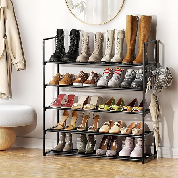 Metal Shoe Organizer,5 Tiers Shoe Storage Shoe Rack with Hooks,Fit 20-25 Pairs,Adjustable Shoe Shelf for Entryway,Hallway,Bedroom,Metal Bottom Support