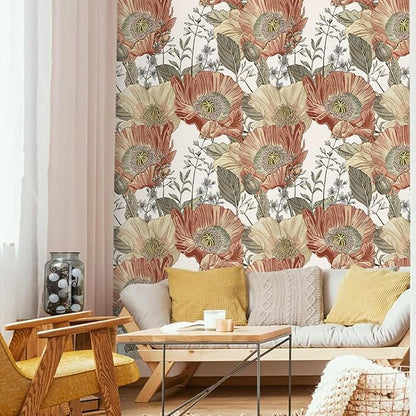 Livebor Floral Wallpaper Peel and Stick Boho Large Floral Peel and Stick Wallpaper Vintage Multicolor Flower Contact Paper 17.7'' x 118.1'' Self Adhesive Wall Paper for Bathroom Wall Covering Decor