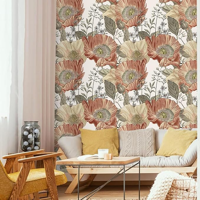 Livebor Floral Wallpaper Peel and Stick Boho Large Floral Peel and Stick Wallpaper Vintage Multicolor Flower Contact Paper 17.7'' x 393.7'' Self Adhesive Wall Paper for Bathroom Wall Covering Decor