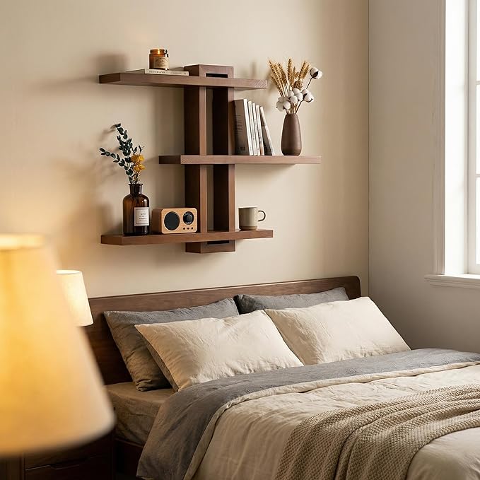 Variable Floating Shelves Wood Set of 3, Cube Wall Mounted Shelves 28.35" Max, Wall Shelves for Living Room Bathroom Bedroom Farmhouse - Light Walnut Color - 28.35" x 23" x 4.3" Max