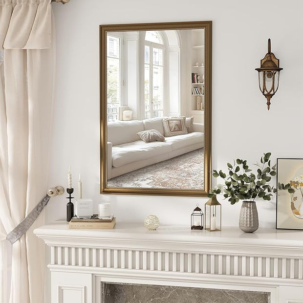 Axeman 32x48 Rectangular Wall Mirror, Decorative Bathroom Mirror, Traditional Vintage Wall Mounted Mirror with Beaded Frame for Accent Living Room Vanity Bedroom Entryway, Gold