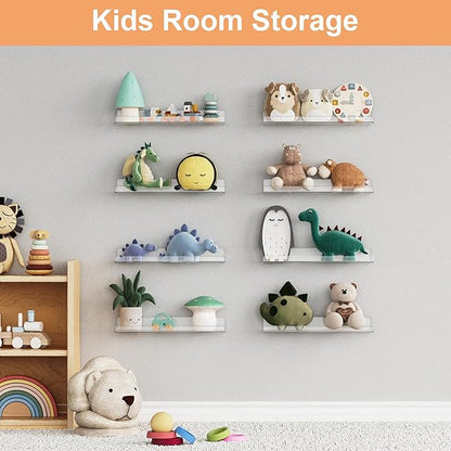 upsimples 8 Pack Acrylic Shelves Wall Organizer and Storage, 15" Display Shelf for Figure, Toy Cars, Perfume, Kids Bookshelf for Bedroom, Nursery, Craft Room, Clear